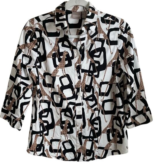 Chico’s Button Up Top Cheetah Geometric Print Sz S Shirt Blouse Whimsical Artsy - Picture 1 of 9